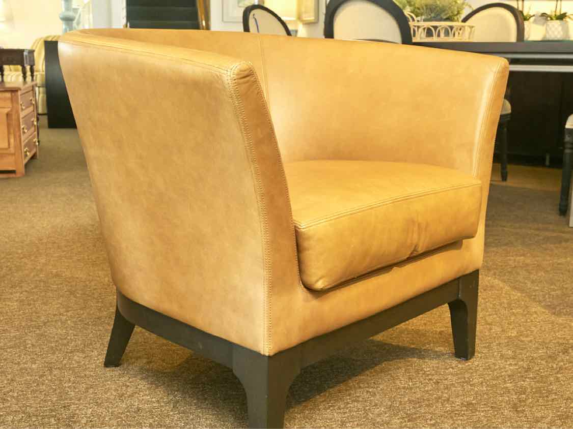 Pair of West Elm Camel Color Leather Barrel  Chairs
