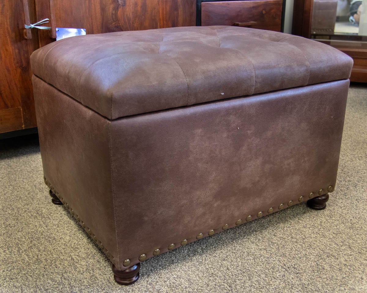 Pair of Faux Leather Tufted Storage Ottomans in Coffee with Nailhead Trim