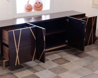 Dark Wooden Sideboard With Golden X Patterns