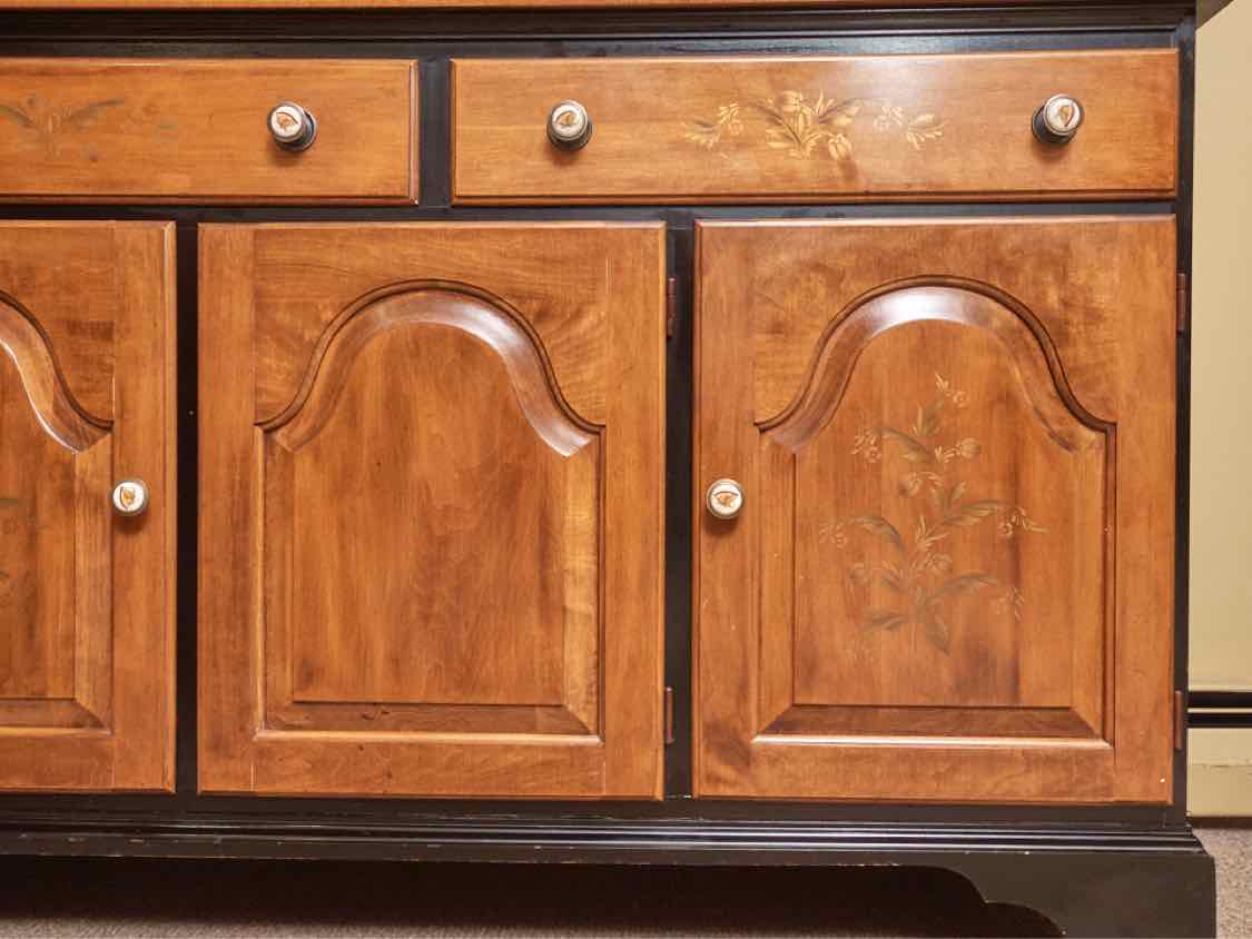 Hitchcock Maple & Black Finish 3 Glass Door 2 Drawer & 3 Lower Door  Hutch