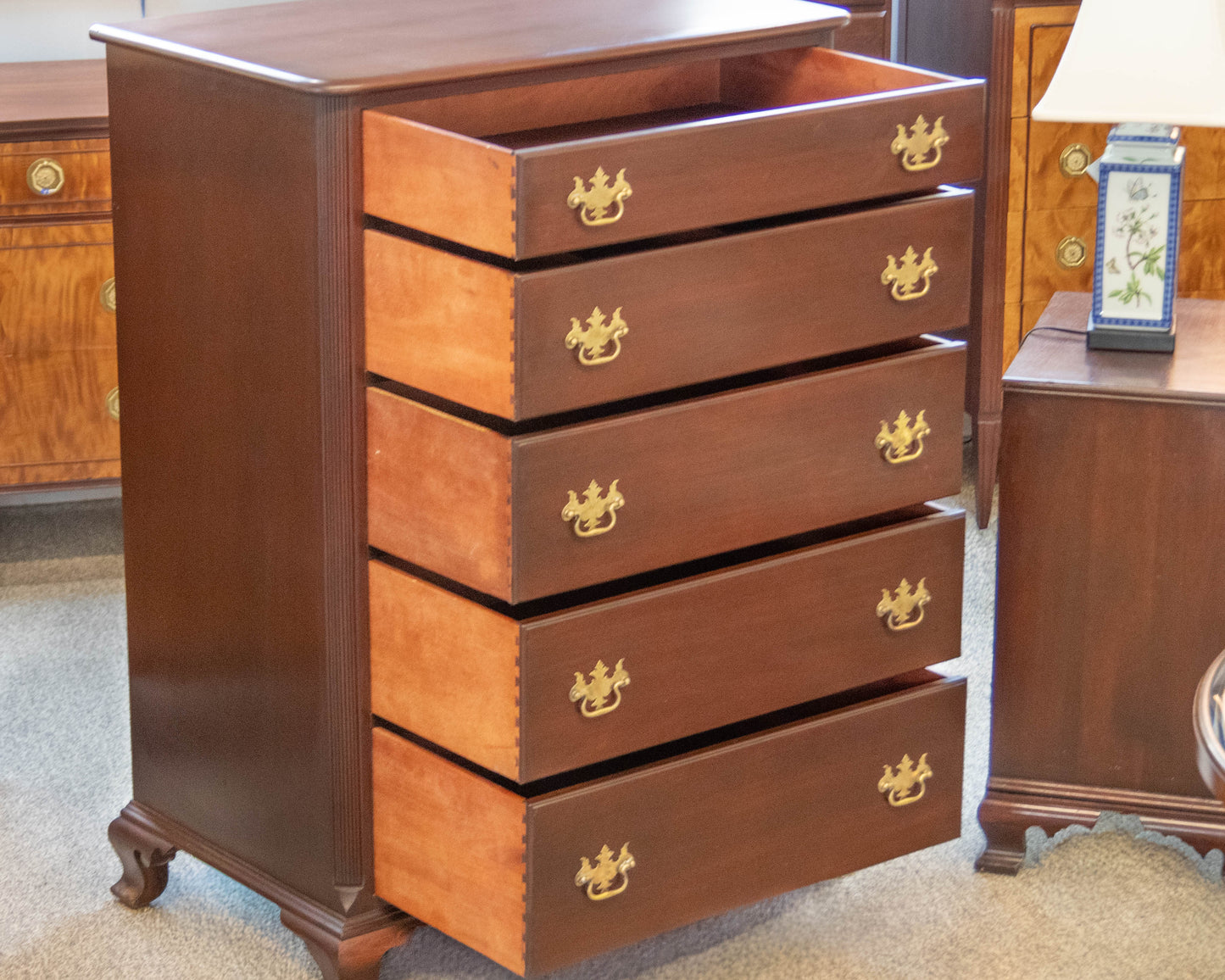 Drexel Solid Mahogany 5 Drawer Chest with Brass Chippendale Handles