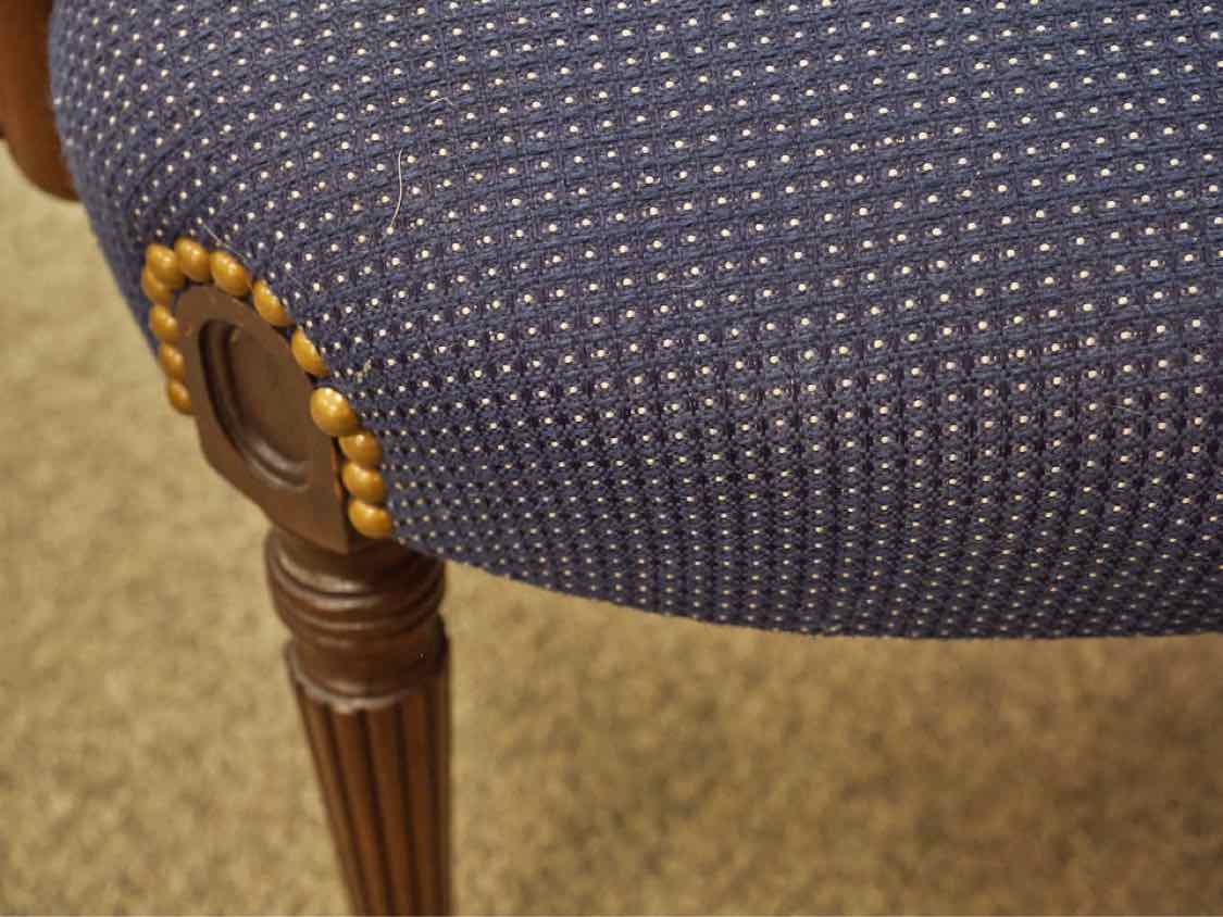 Mahogany  Arm Chair with Carving in Navy Blue Upholstery with Nailhead Trim