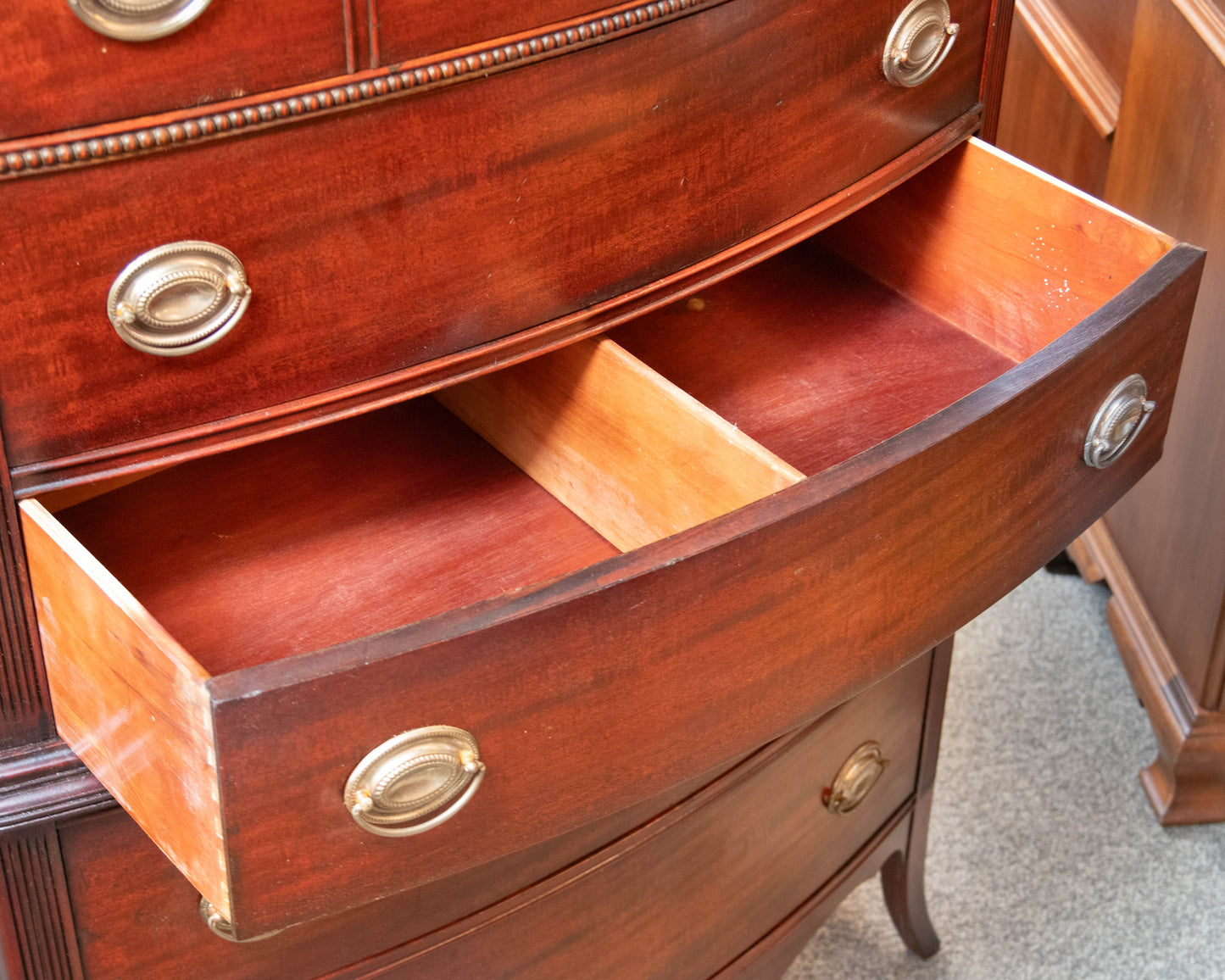 Morgaton Mahogany Bow Front 5 Drawer Chest W/ Silver Finished Hepplewhite