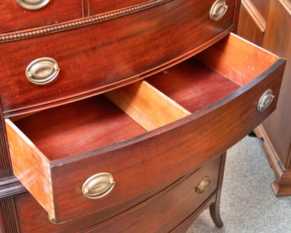 Morgaton Mahogany Bow Front 5 Drawer Chest W/ Silver Finished Hepplewhite