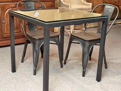 Industrial Tolix Style Metal Glass  Top Table & 4 Metal & Cypress Chair Set