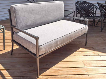 RH Gun Metal Gray Outdoor Lovesofa with Dove Grey Upholstered Cushions