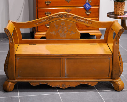 Light Oak Storage Bench With Floral Detail