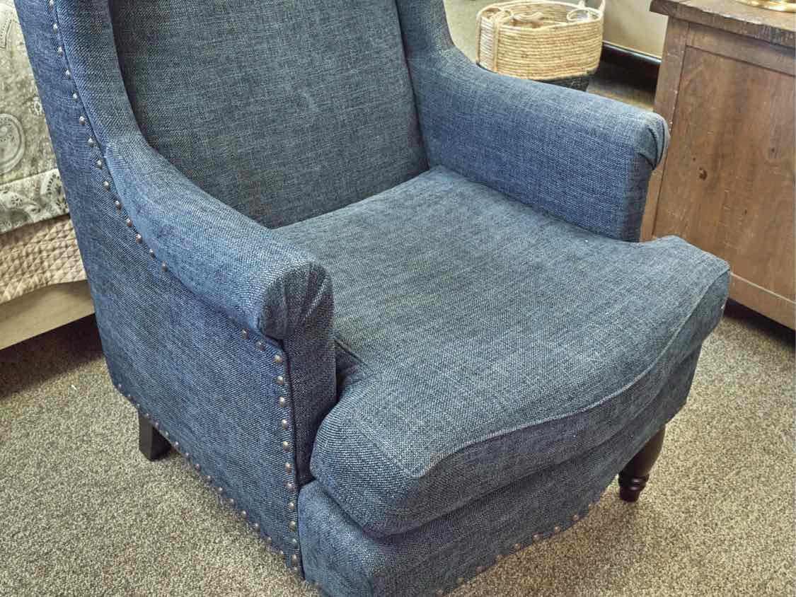 Pair of Pottery Barn Wing Back Chairs in Denim Blue Upholstery
