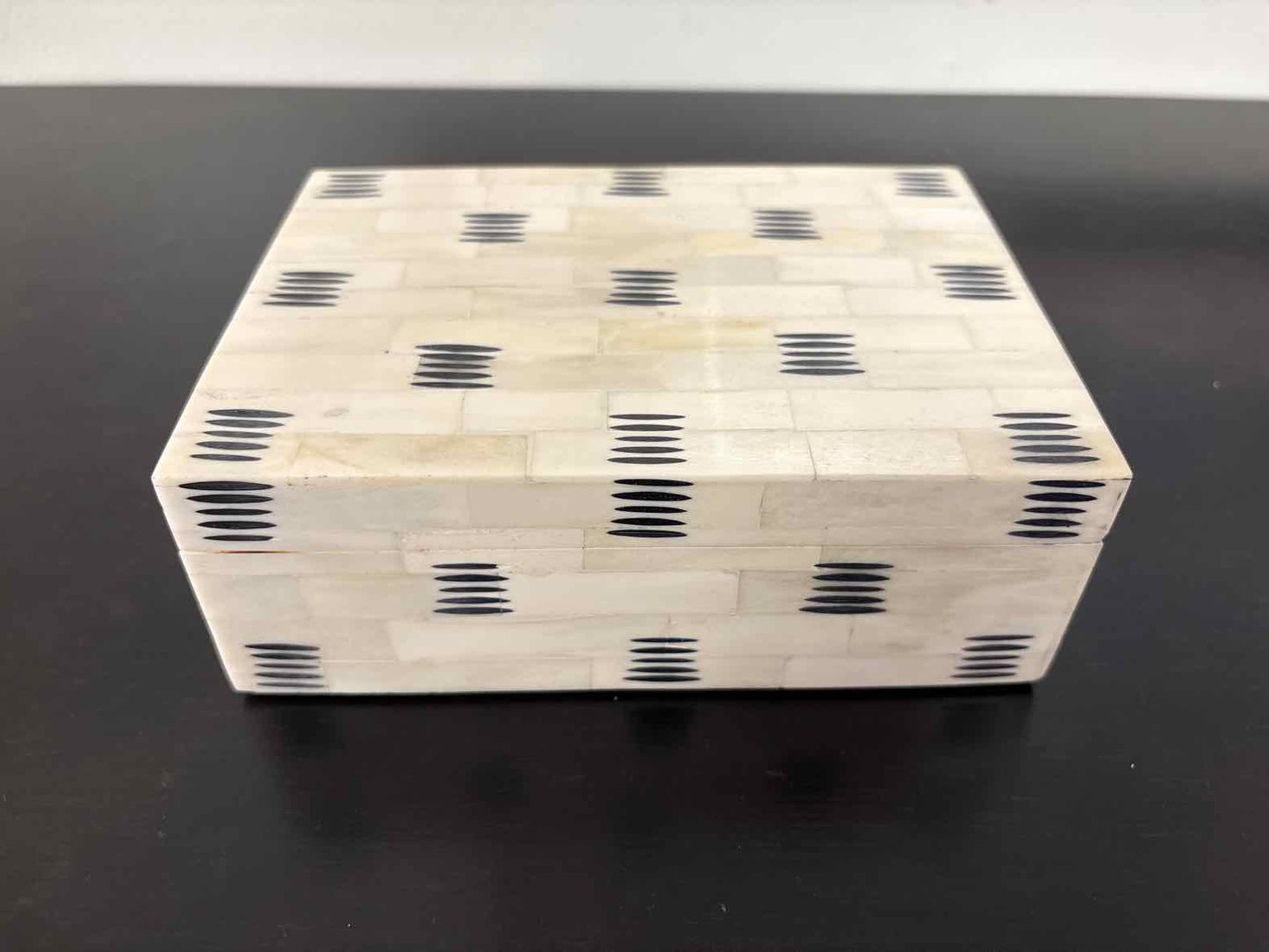 Small Decorative Bone Box in Ivory with Black Stripe Accents
