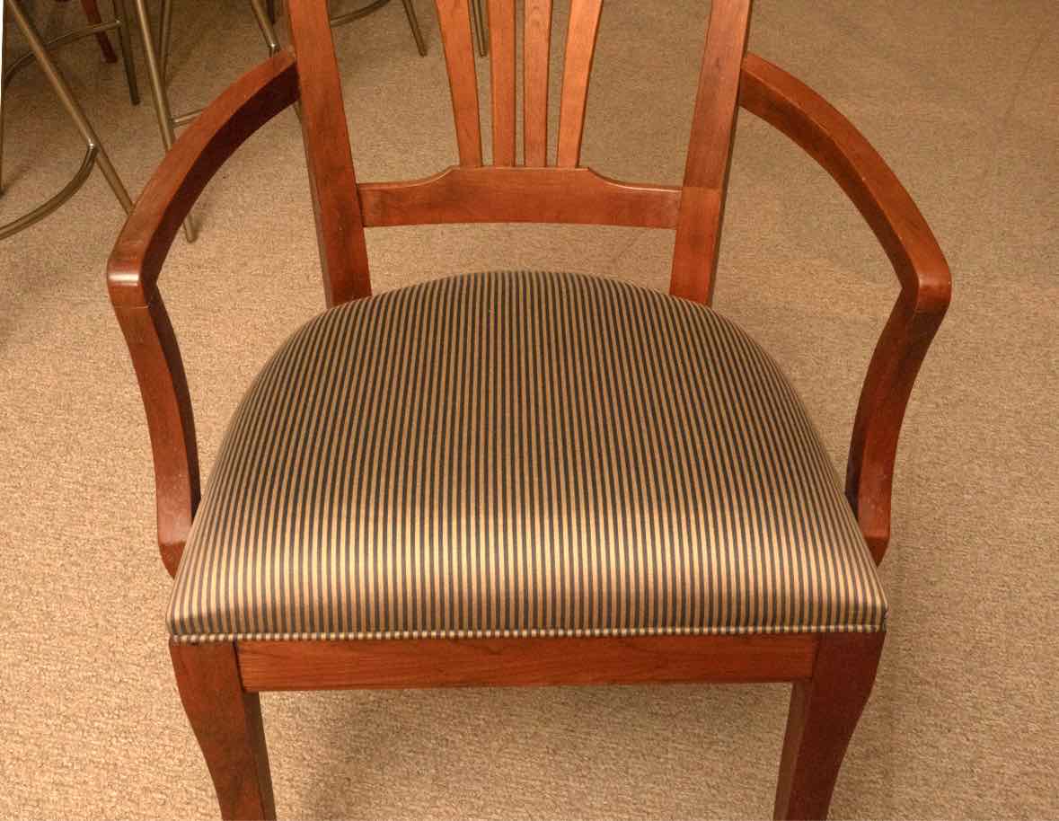 Cherry Arm Dining Chair with Taupe & Black Stripe Seat Cushion