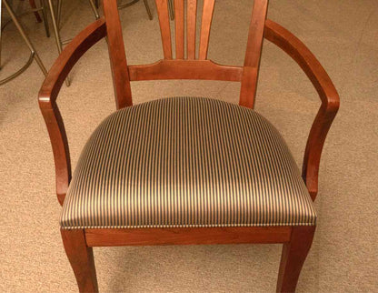 Cherry Arm Dining Chair with Taupe & Black Stripe Seat Cushion