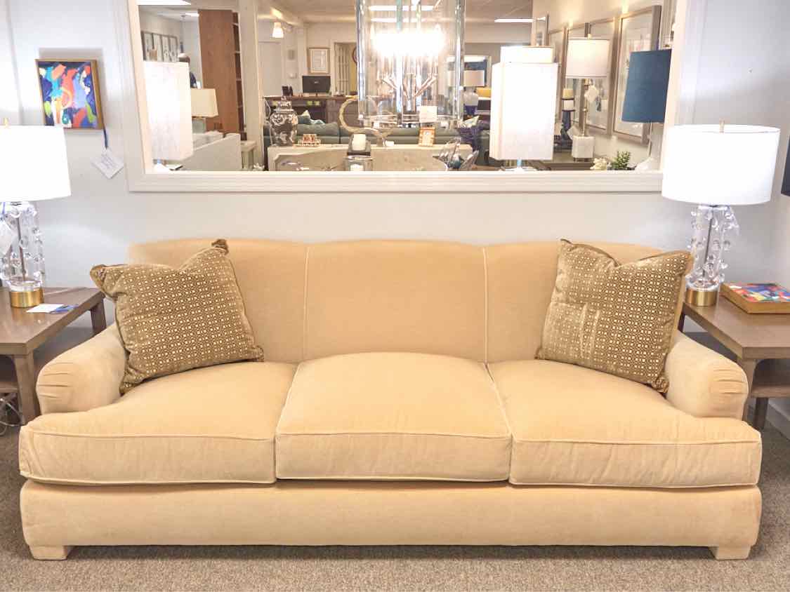 Aerin Butter Scotch Velvet 3 Cushions Sofa with 2 Toss Pillows