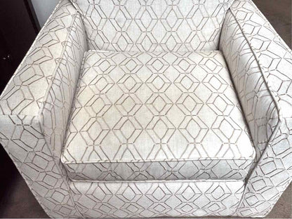 Swivel Chair with Track Arm in Ivory & Beige Trellis Design Upholstery