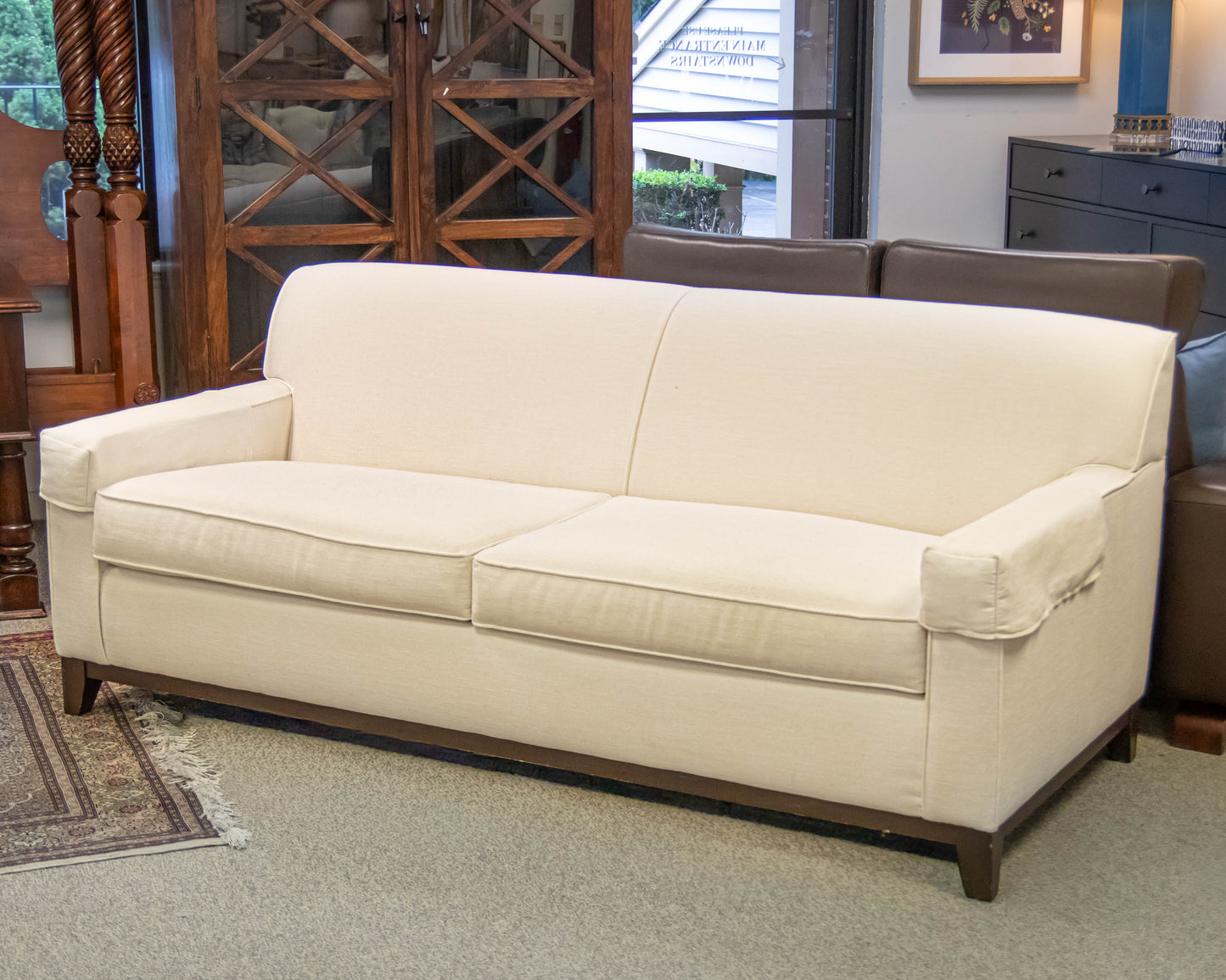 Basset White Upholstered Flat Back Track Arm Sofa On Espresso Wood Frame