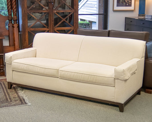Basset White Upholstered Flat Back Track Arm Sofa On Espresso Wood Frame