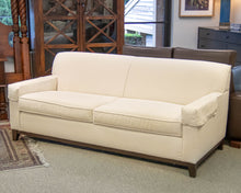 Bassett White Upholstered Flat Back Track Arm Sofa On Espresso Wood Frame