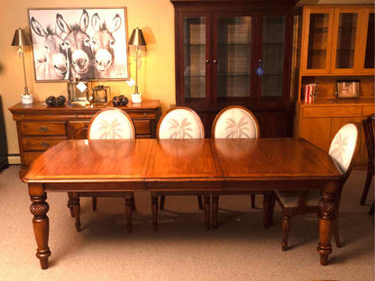 Tommy Bahama Style Dining Table & 8 Chair Set with Palm Tree Linen Upholstery