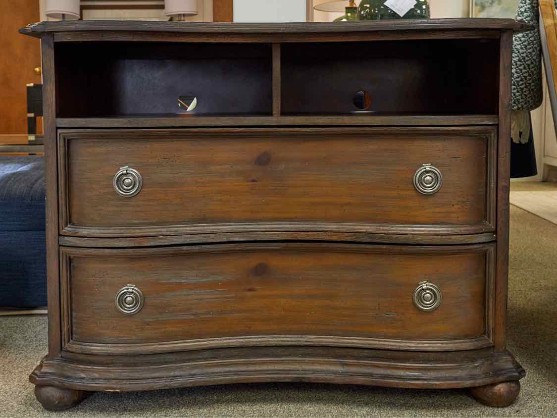 Weathered Finish Media Cabinet with 2 Drawers & Open Storage
