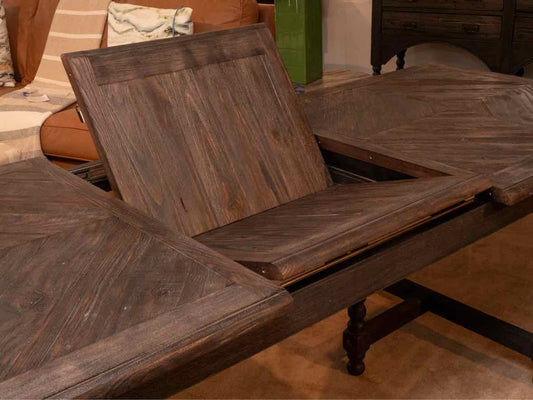 Driftwood Charcoal Finish Dining Table with Parquet Top & Jacobean Legs