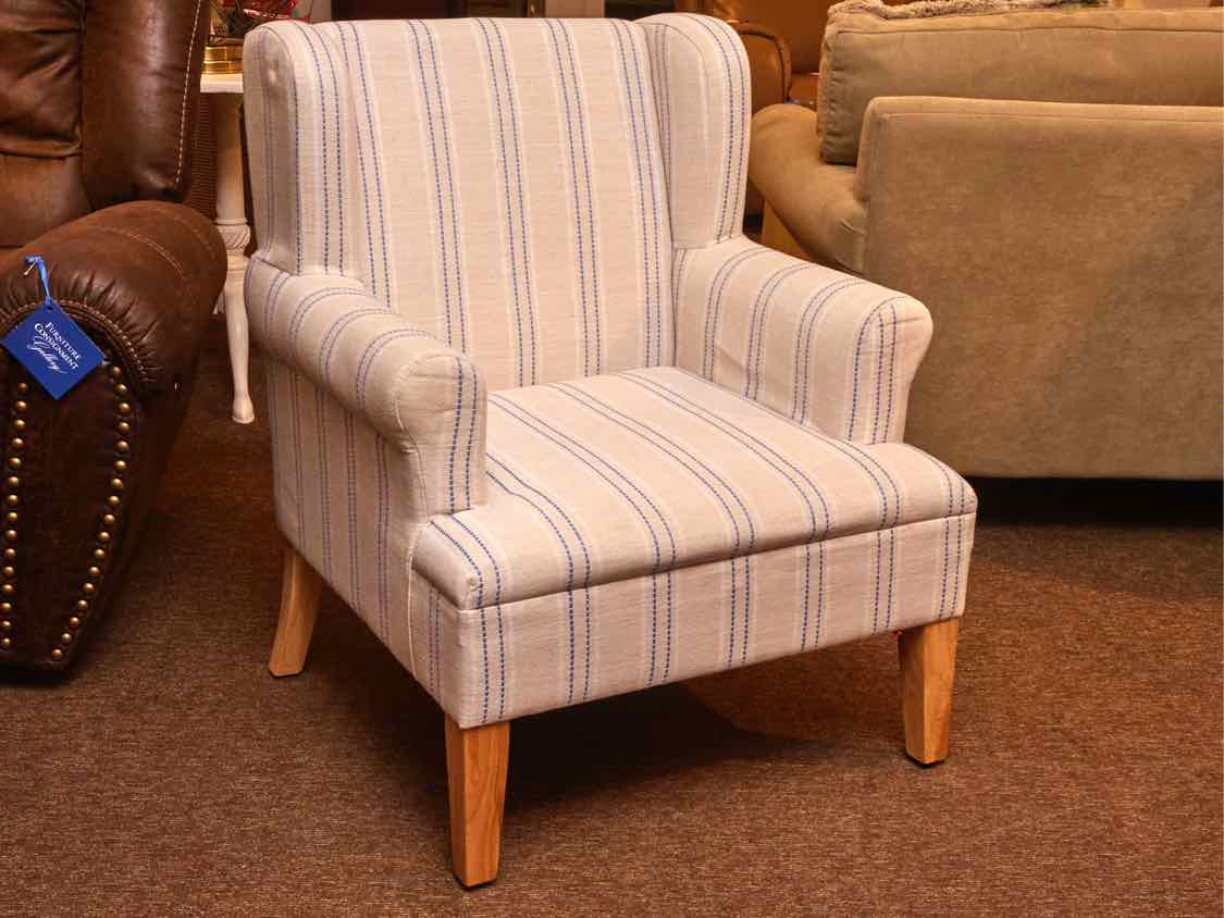 Tan, White & Blue Stripe Upholstered Accent Chair