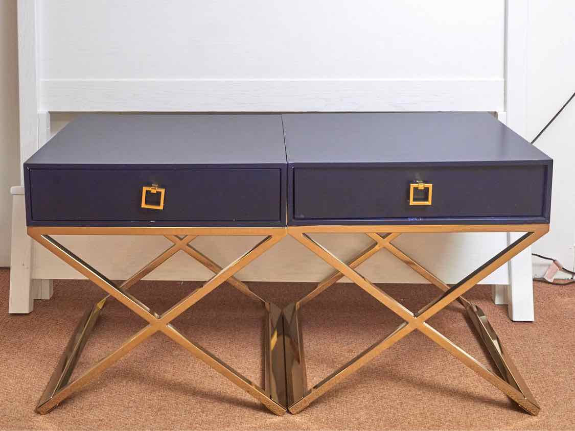 Pair of Safavieh  Navy Blue Side Tables with Gold  X Base