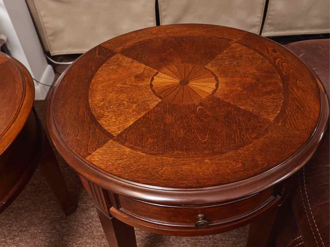 Pair of Mahogany Round with 1 Drawer Side Table with Brass Cap feet