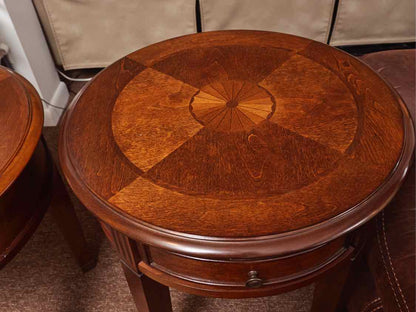 Pair of Mahogany Round with 1 Drawer Side Table with Brass Cap feet