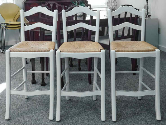 Set of 3 Ballard Designs Lemans Counter Stools in Cream with Rush Seats