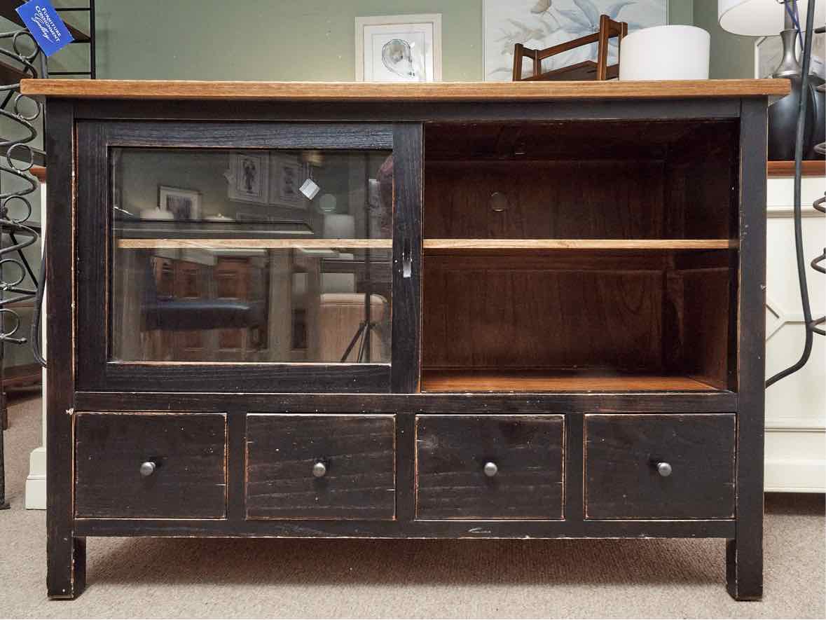 Rustic Amish Oak Top Black Finish 2 Sliding Doors 4 Drawers  Media Furniture