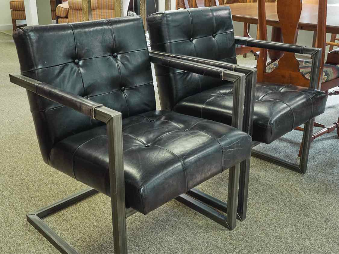 Pair of Restoration Hardware Industrial Metal & Leather Arm Chairs