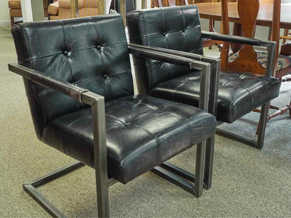 Pair of Restoration Hardware Industrial Metal & Leather Arm Chairs