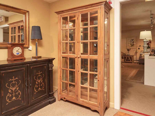 Pine 2 Glass Door 5 Glass Shelf Display Cabinet