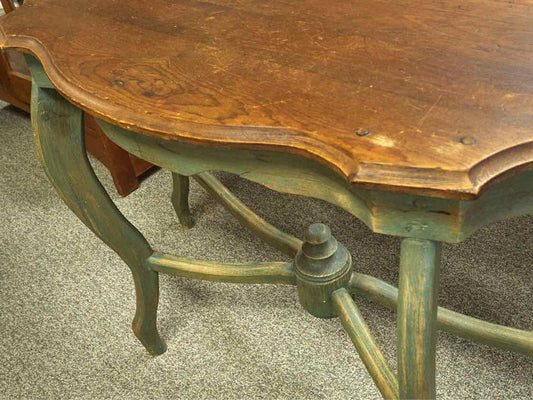 Rustic Demilune Console with Dark Pine Top and Green Base