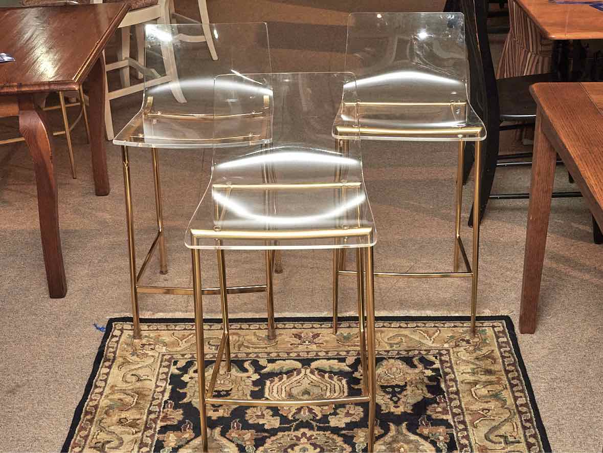 Pair of   Acrylic Counter Stools with Gold Metal Base