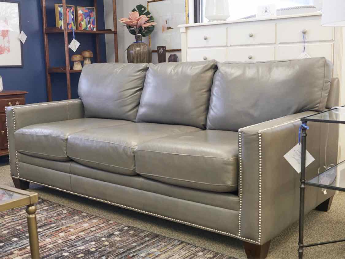 Basset Light Gray Leather Sofa With Nailhead Trim
