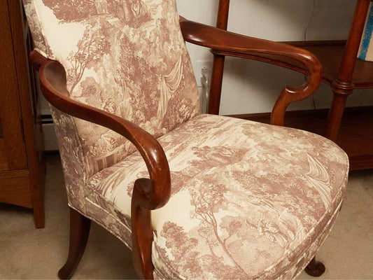 Hickory Cherry Gooseneck Arm Chair in Brown & Cream Toile Upholstery
