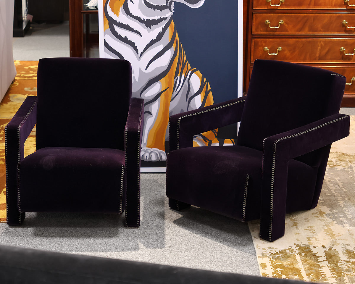 Pair of Cassina Utrecht Armchairs in Purple Velvet with Blanket Stitching