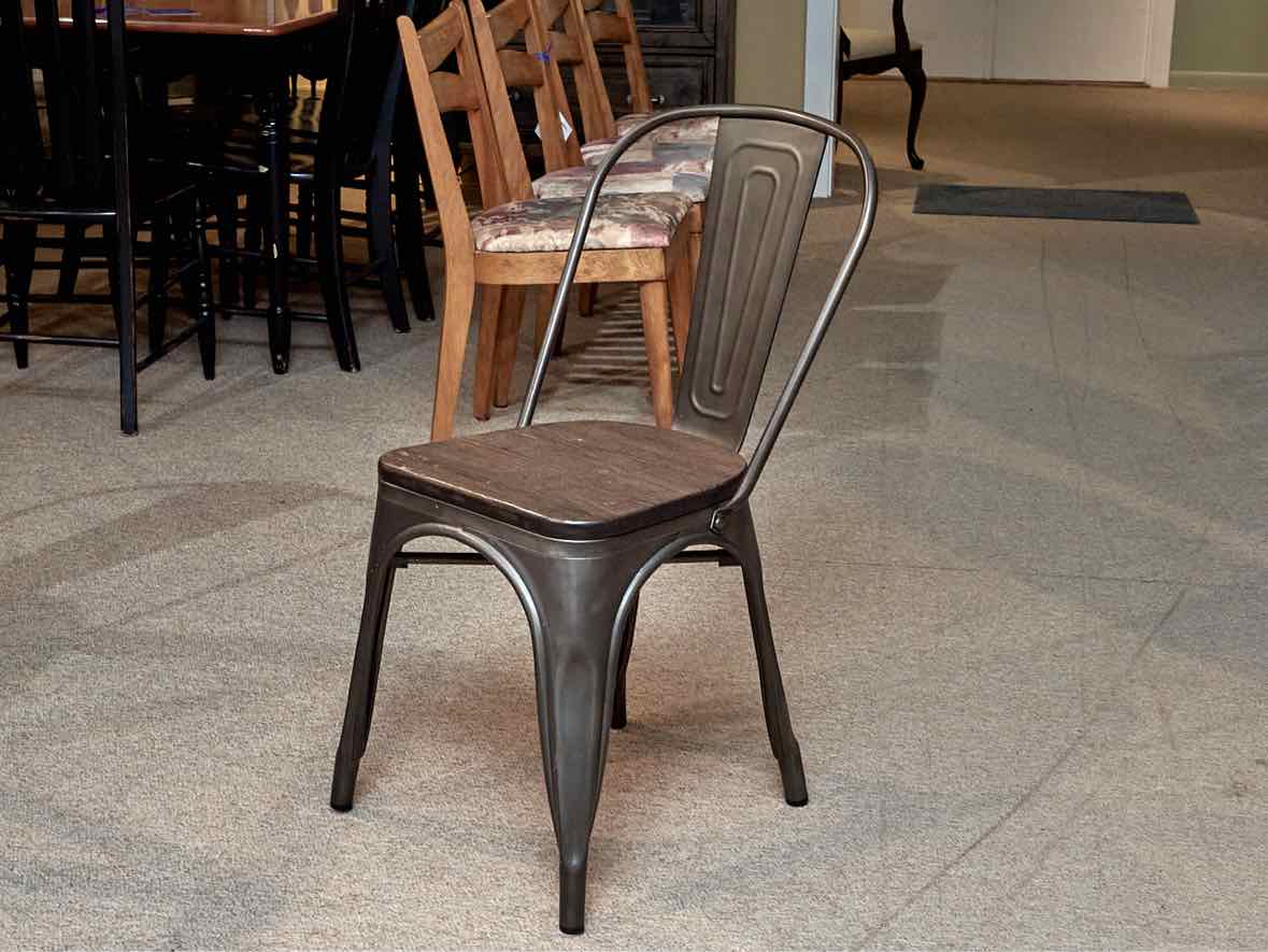 Industrial Tolix Style Metal Glass  Top Table & 4 Metal & Cypress Chair Set