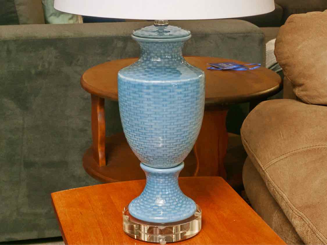 Porcelain Ice Blue Basket Table Lamp with White Linen Retro Drum Shade