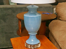 Porcelain Ice Blue Basket Table Lamp with White Linen Retro Drum Shade