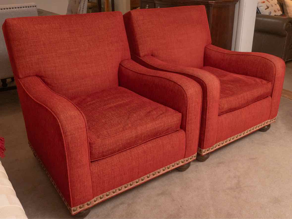 Pair Of Art Deco Style Persimmon Club Chairs With Nailhead Accent