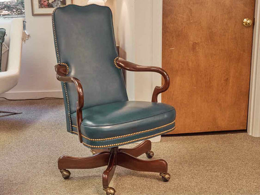 Hancock and Moore Swivel Desk Chairs in Green Leather with Brass Nailheads