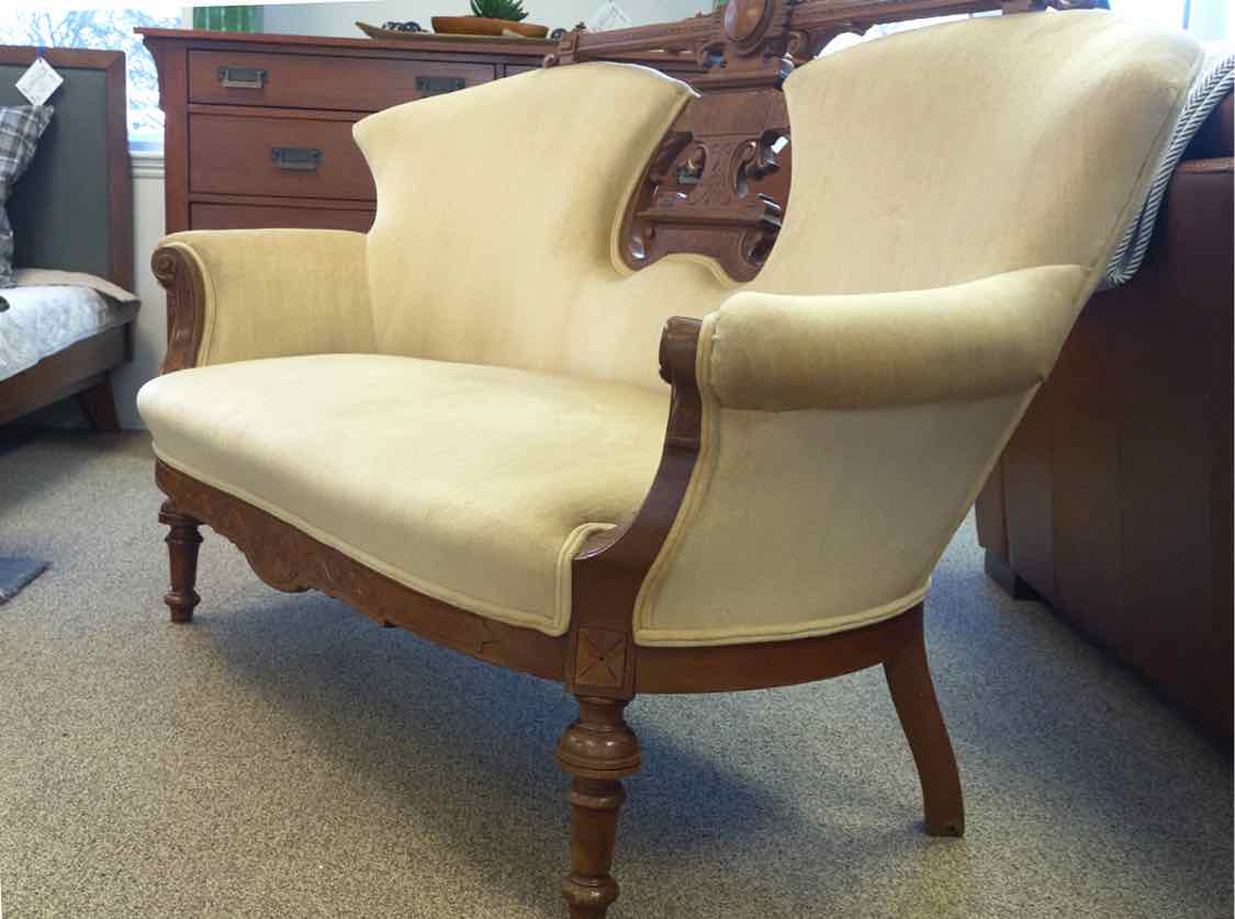 Vintage Rococo Revival Loveseat in Carved Walnut and Sand Velvet