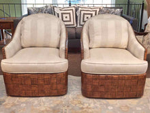 Pair Of Tommy Bahama 'Nagano '' Rattan & Stripe Upholstered Swivel Chairs