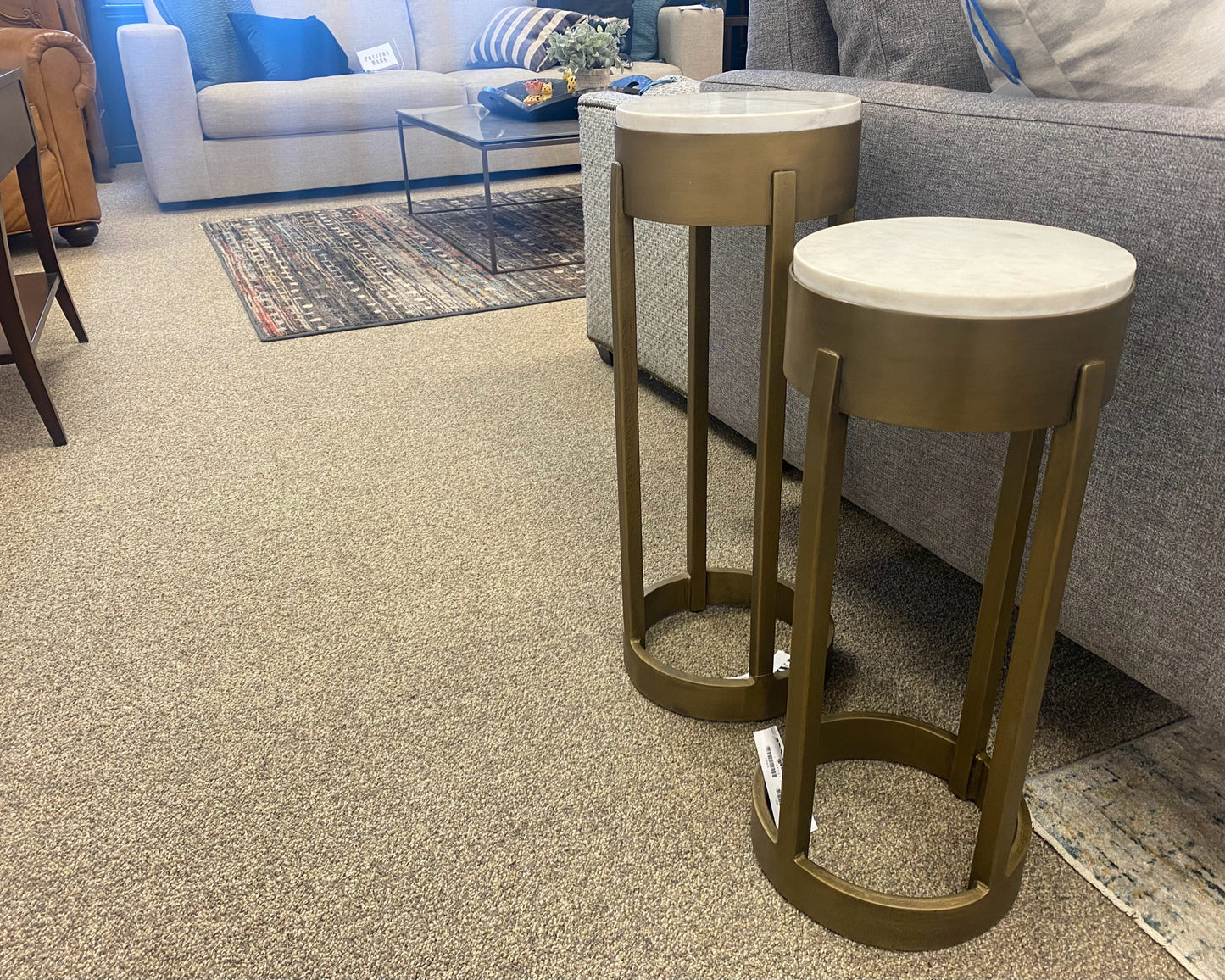 Pair of Palecek ' Bixby' Antique Brass  Side Tables with White Stone Tops