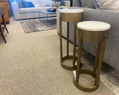 Pair of Palecek ' Bixby' Antique Brass  Side Tables with White Stone Tops