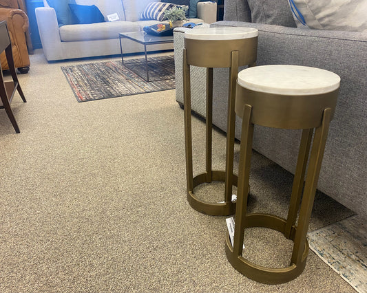 Pair of Palecek ' Bixby' Antique Brass  Side Tables with White Stone Tops