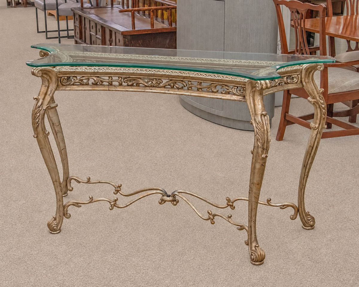 Ornate Silver-Gold Console Table with Glass Top
