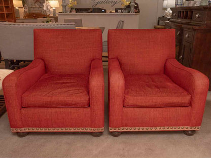 Pair Of Art Deco Style Persimmon Club Chairs With Nailhead Accent