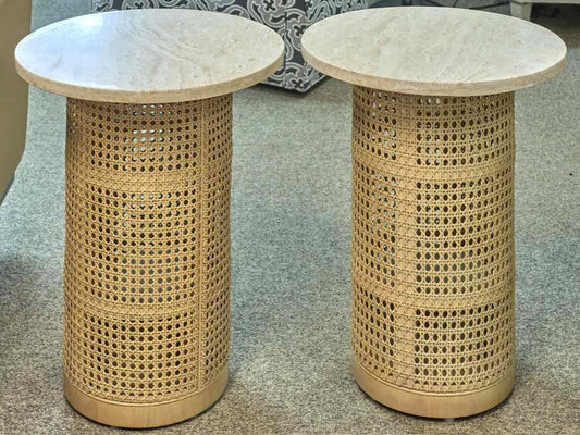 Pair of Crate & Barrel ' Vernet'  Cane Base with Travertine  Top Side Tables